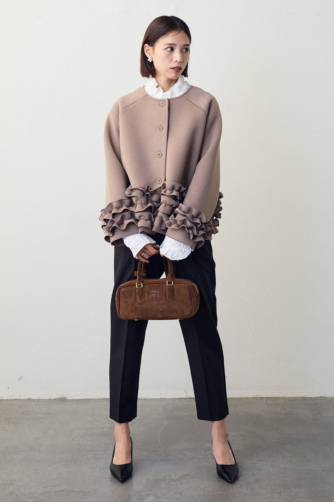 [予約/SET]ローズモチーフフリルカラーシャツ+フリルティアードボンディングクロップドコート(2set)