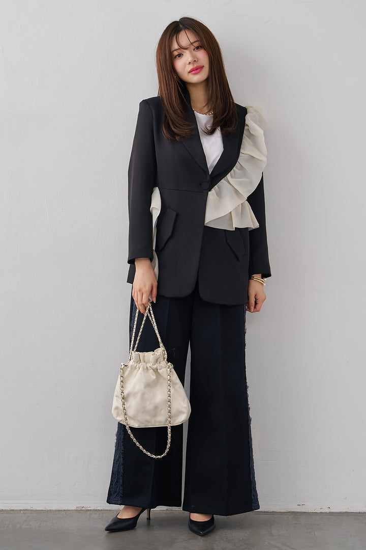 [予約/SET]アシメフリルマニッシュジャケット+サイドレースWフェイスカットソーパンツ(2set)