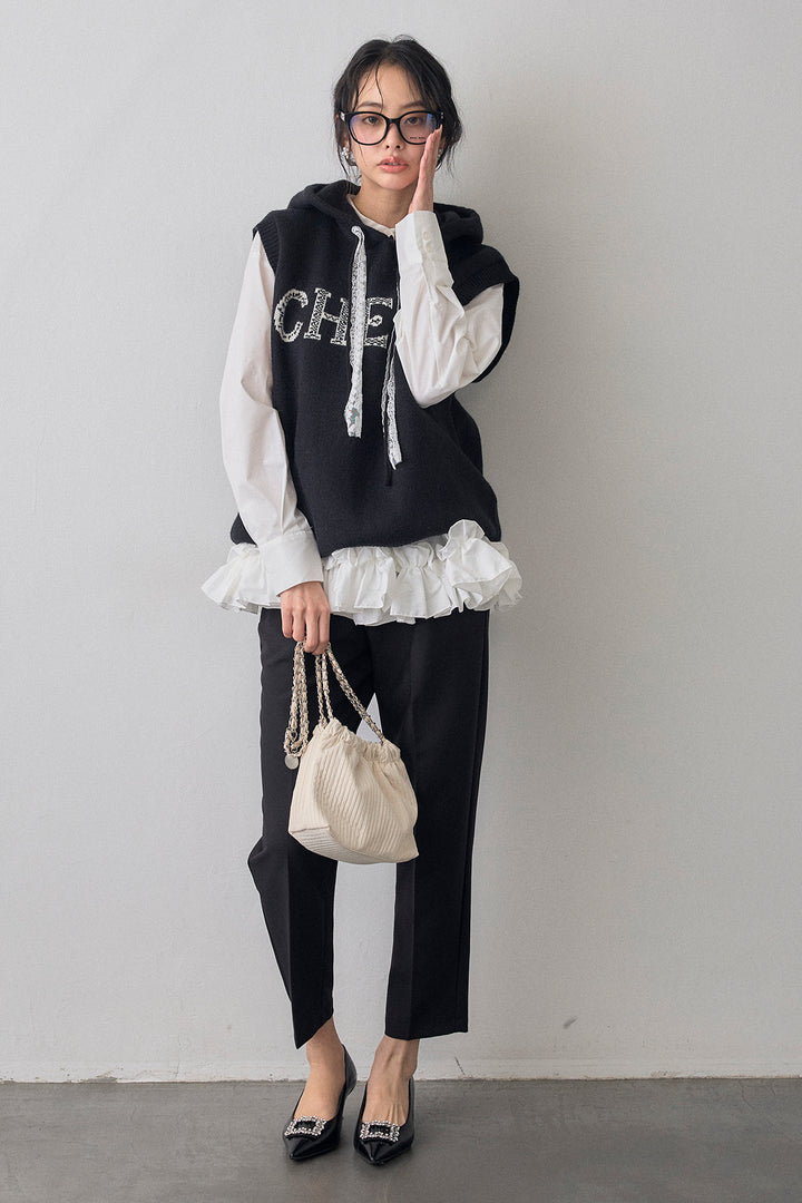 [予約/SET]パネルフレアヘムシャツ+レースリボンロゴフードスリーブレスニット(2set)