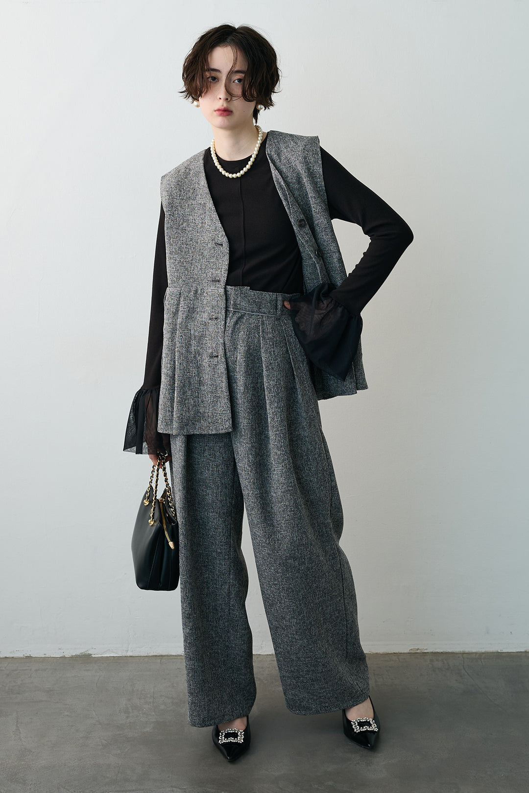 [予約/SET]サマーツイードボックスプリーツベスト+サマーツイードウエストラインタックパンツ(2set)