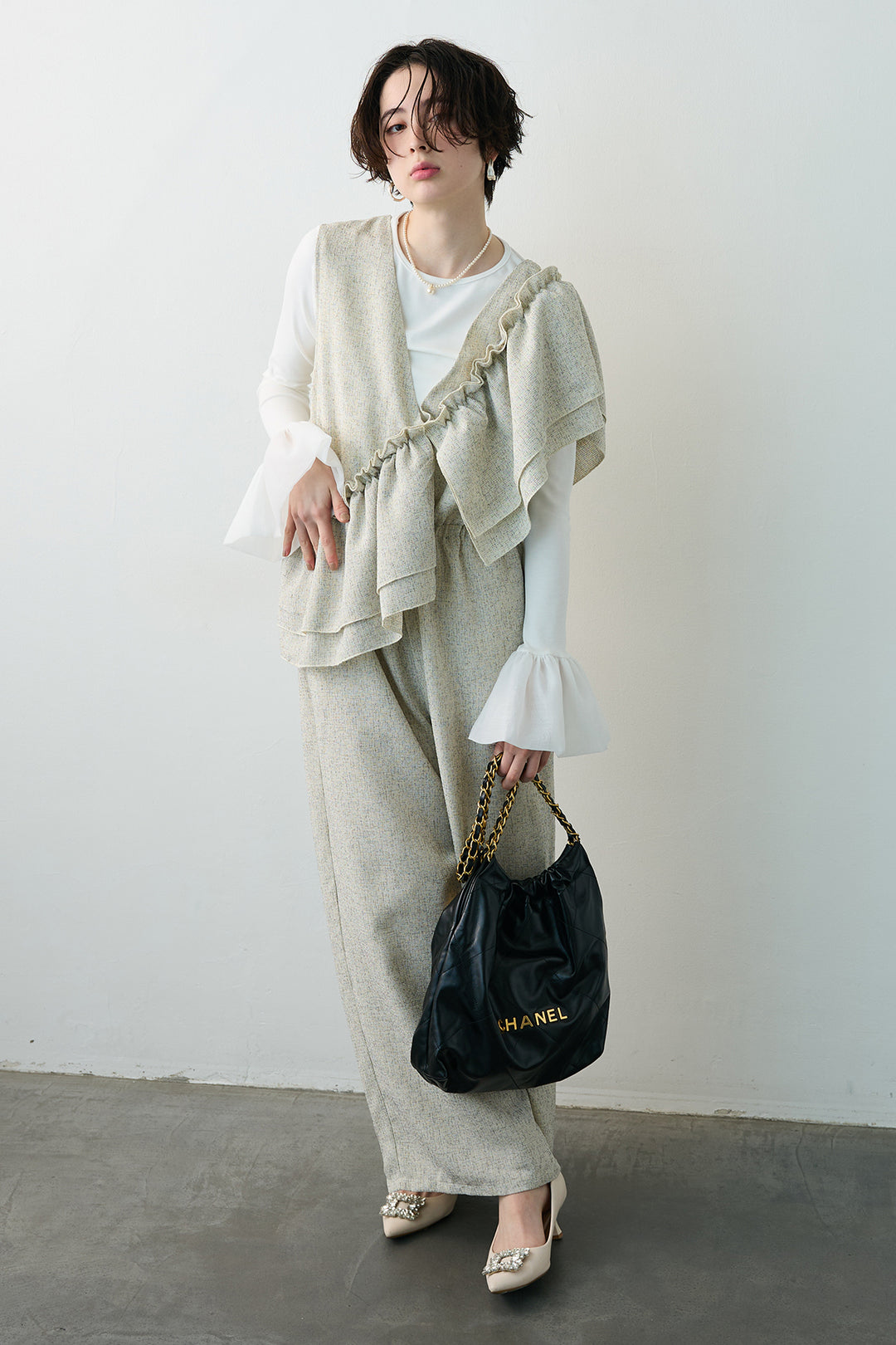 [予約/SET]サイドギャザーフレアチュールカフストップス+サマーツイードマルチウェイロンパース(2set)