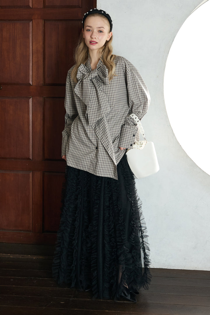 [予約/SET]マルチパターンボウタイアシメシャツ+Iラインホイップチュールスカート(2set)