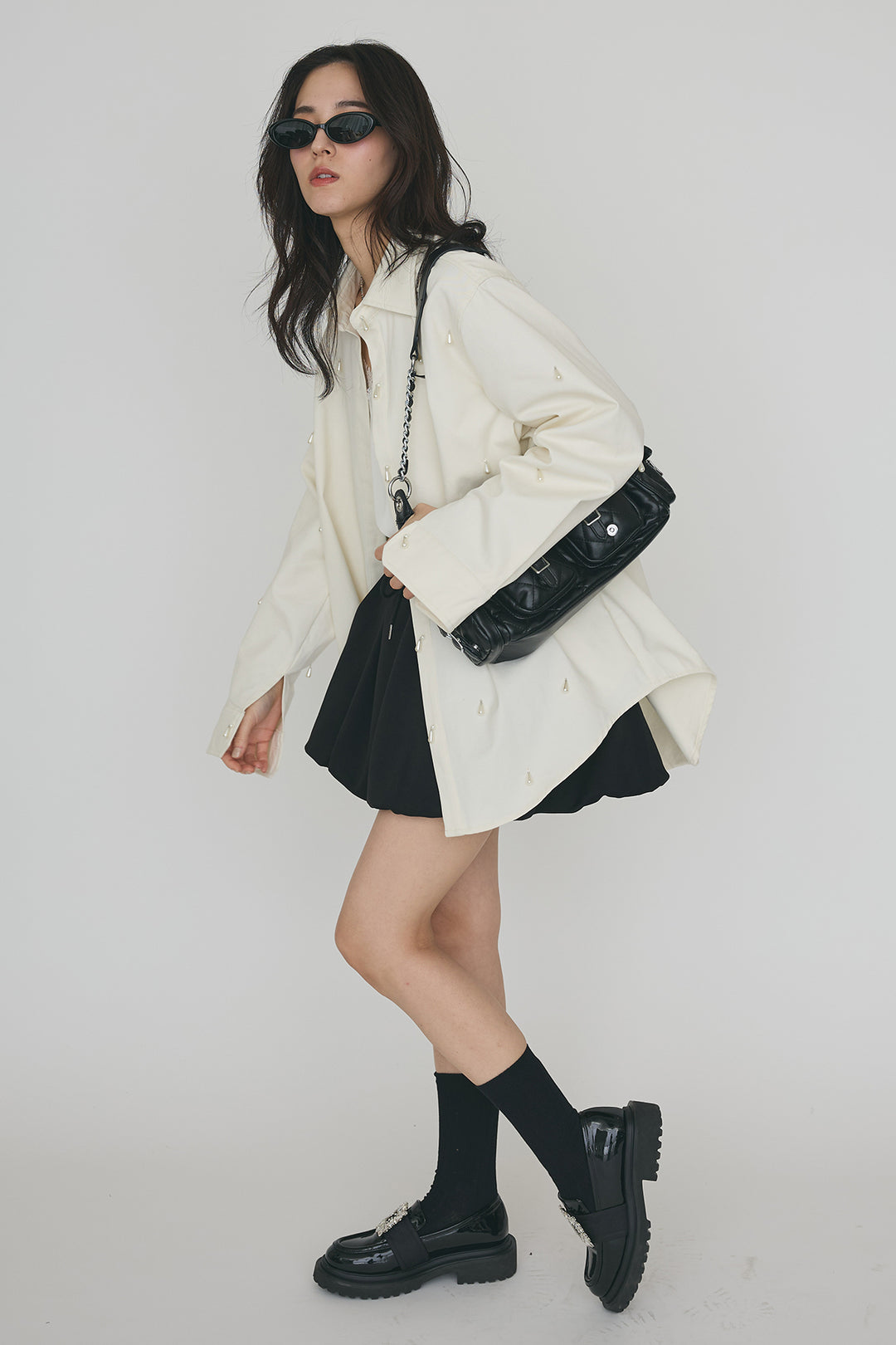 [予約/SET]雫パールデザインオーバーシャツ+スウェットバルーンスカート(2set)