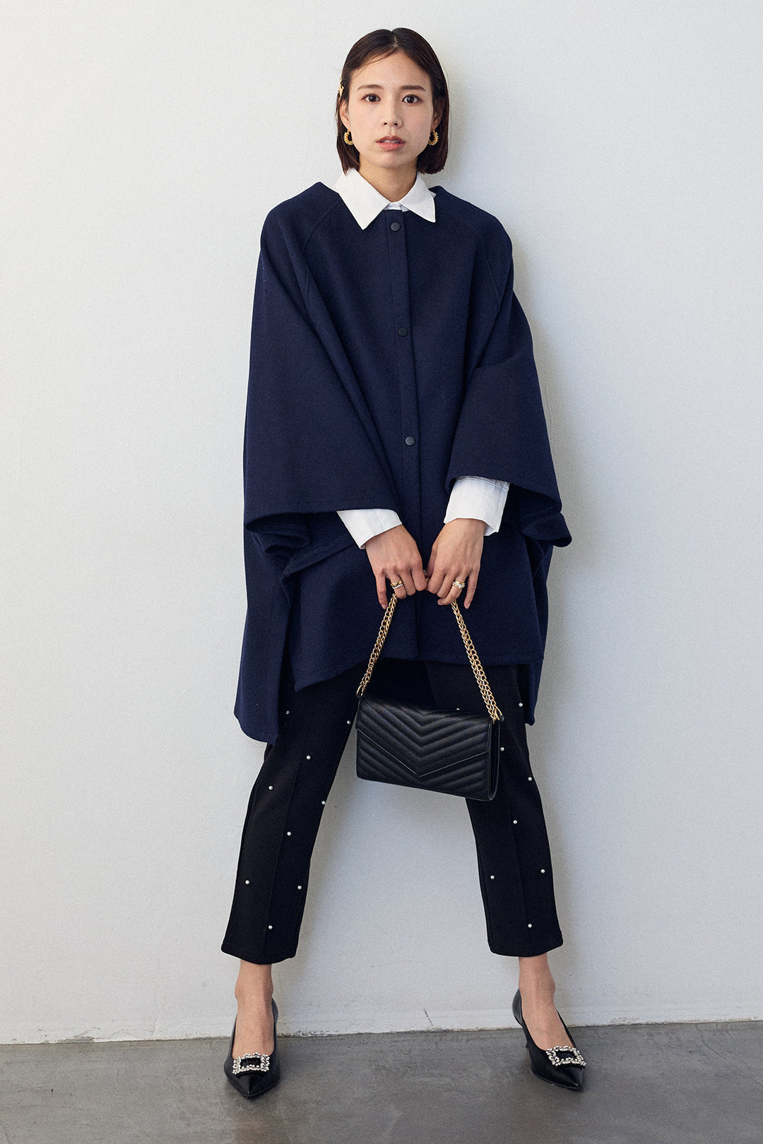 [予約/SET]パネルフレアヘムシャツ+ウールライクドルマンポンチョコート+センターシームランダムパールパンツ(3set)