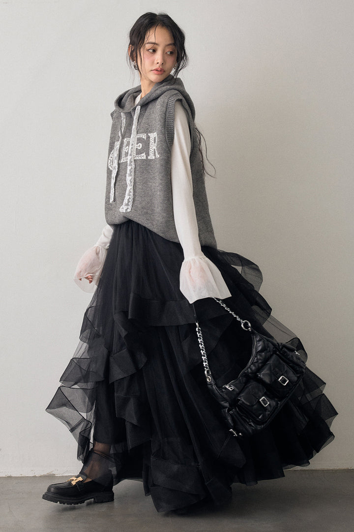 [予約/SET]チュールシアーカフスリブニット+レースリボンロゴフードスリーブレスニット+ランダムフリルティアードボリュームスカート(3set)