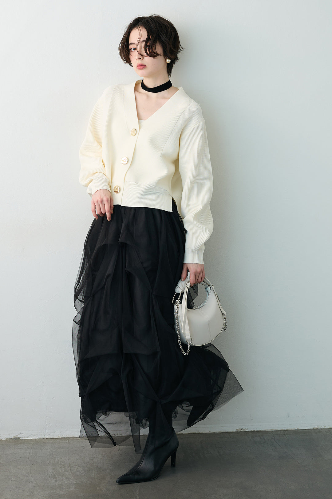 [予約/SET]スポンディッシュBIGボタンクロップドカーデ+マルチパターンタックチュールスカート(2set)