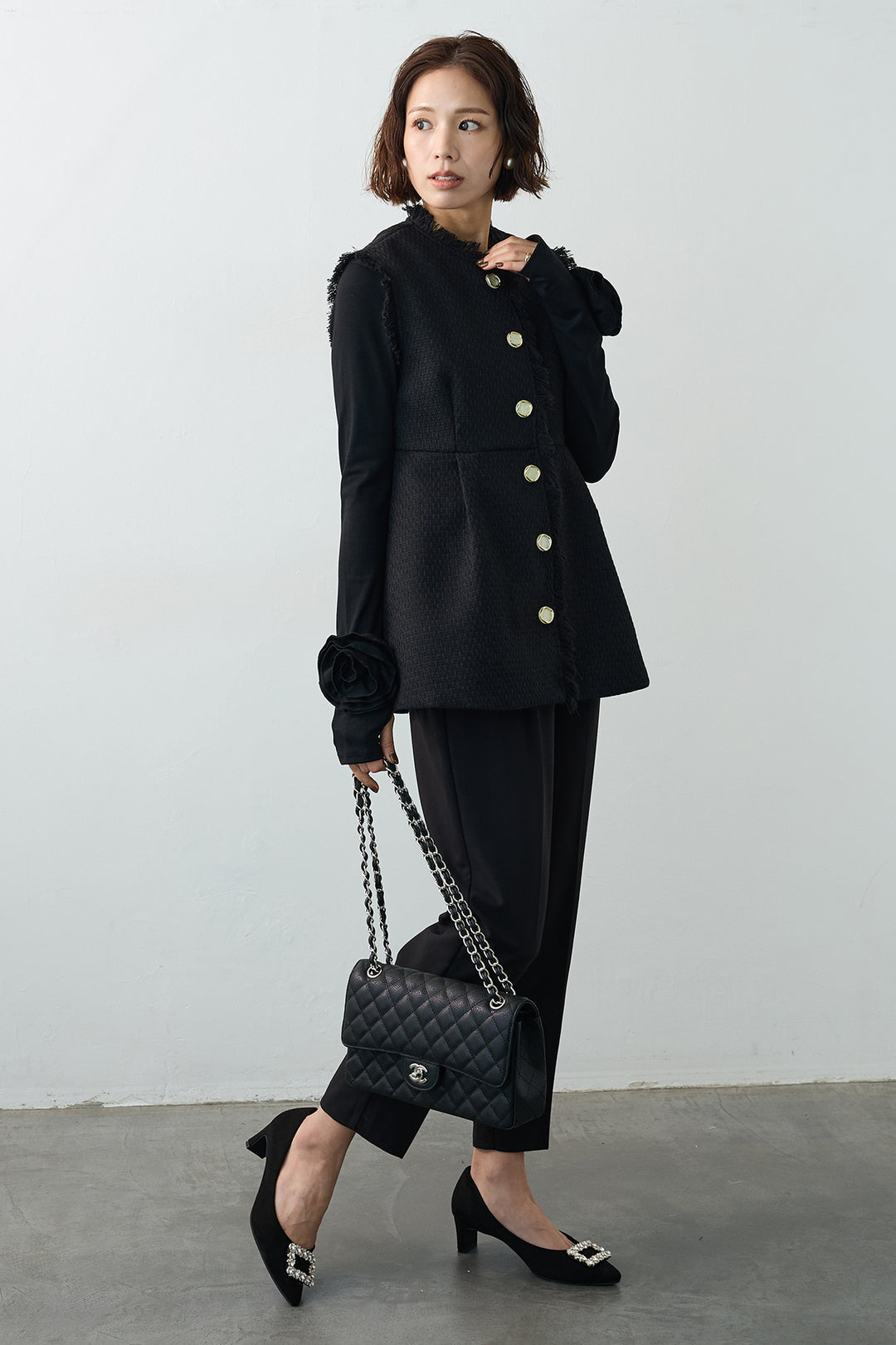 [予約/SET]フラワーモチーフポイントカットトップス+ツイードペプラム美フォルムジレ(2set)