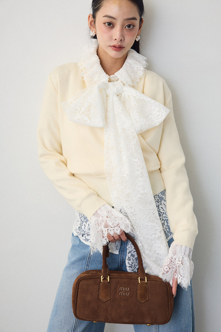 [予約/SET]クラシカルレースボウタイブラウス+カシュクールデザインニット(2set)