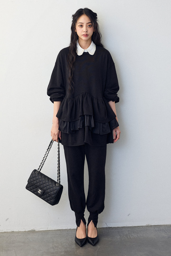 [予約/SET]2連パール付け襟+異素材ミックスフリルティアードスウェットPO+ライトスウェット美ラインジョガーパンツ(3set)