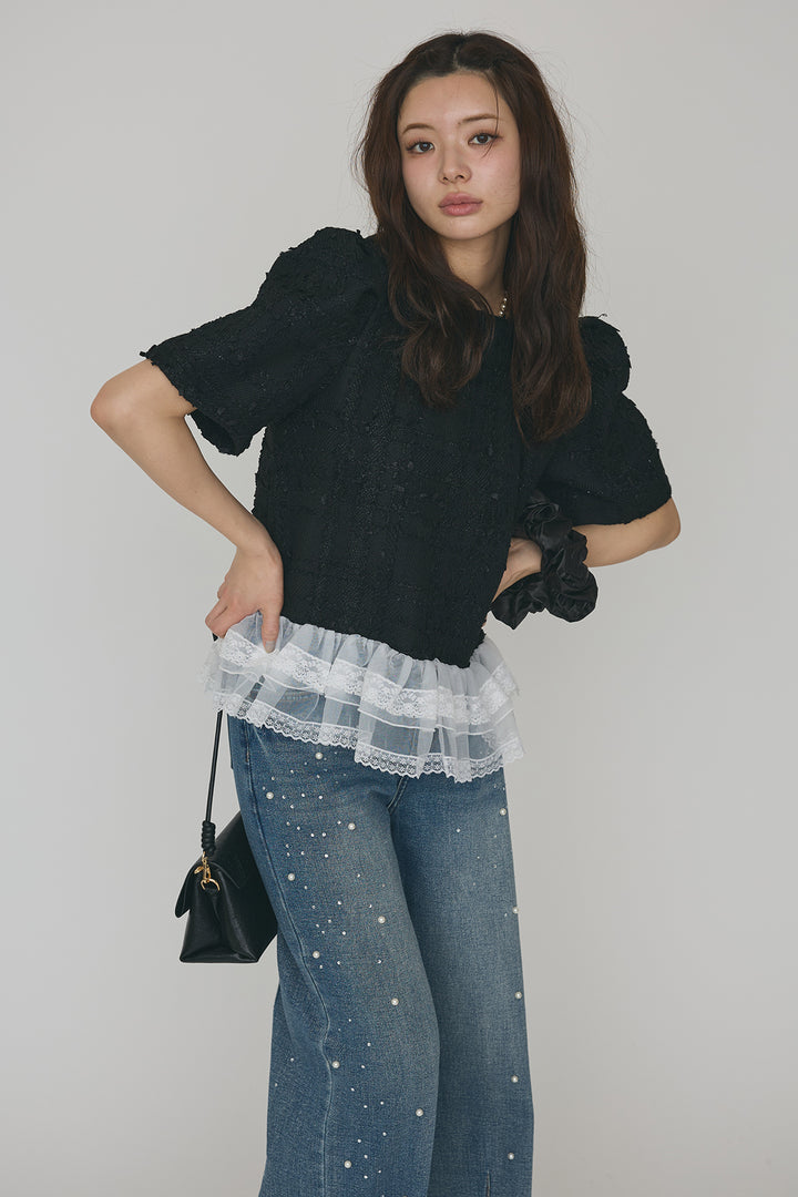 [予約/SET]サマーツイード異素材ドッキングトップス+パールラインストーンハイウエストデニム(2set)