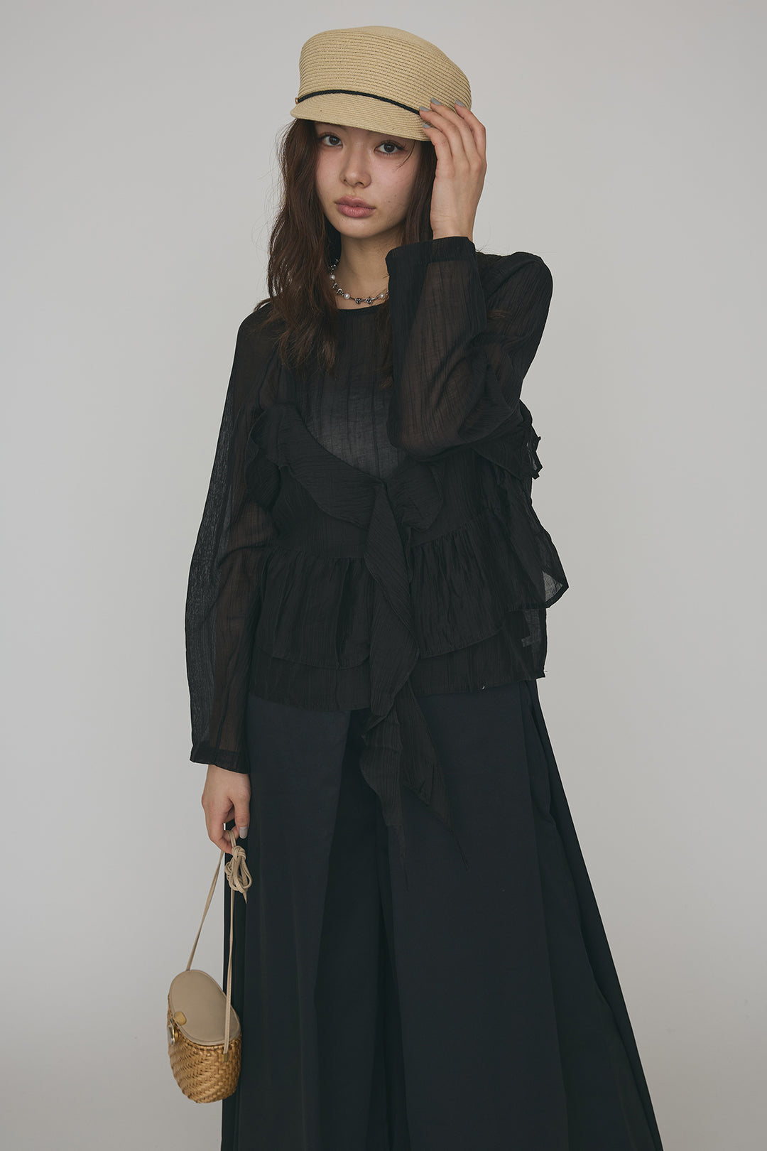 [予約/SET]ドレープフリルシアーレーヤードトップス+フロントサイドタックワイドパンツ(2set)