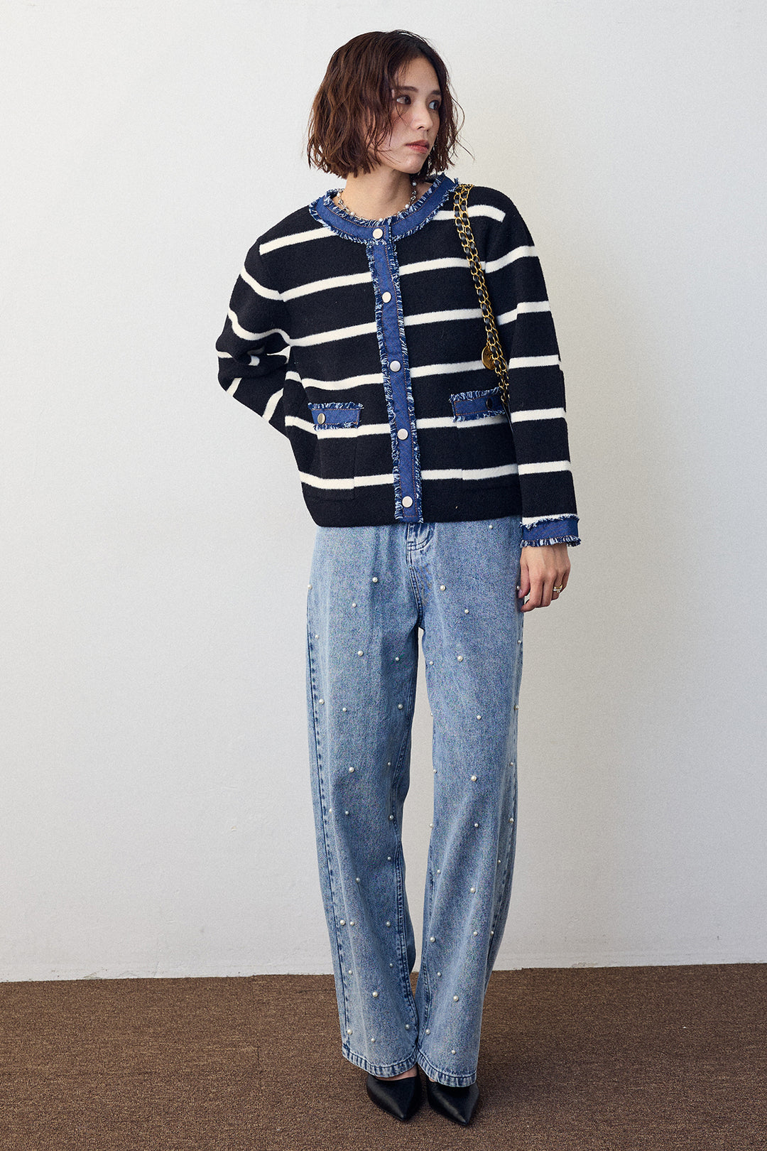 [予約/SET]デニムドッキングマルチパターンカーデ+パールスタッズストレートハイウエストデニム(2set)