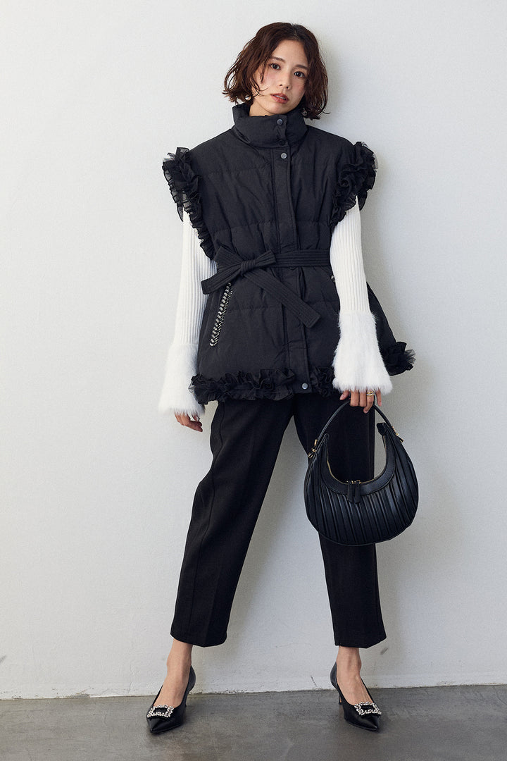 [予約/SET]フェザー切替スリーブフレアニット+フリルチュールスリーブ美ラインベスト(2set)