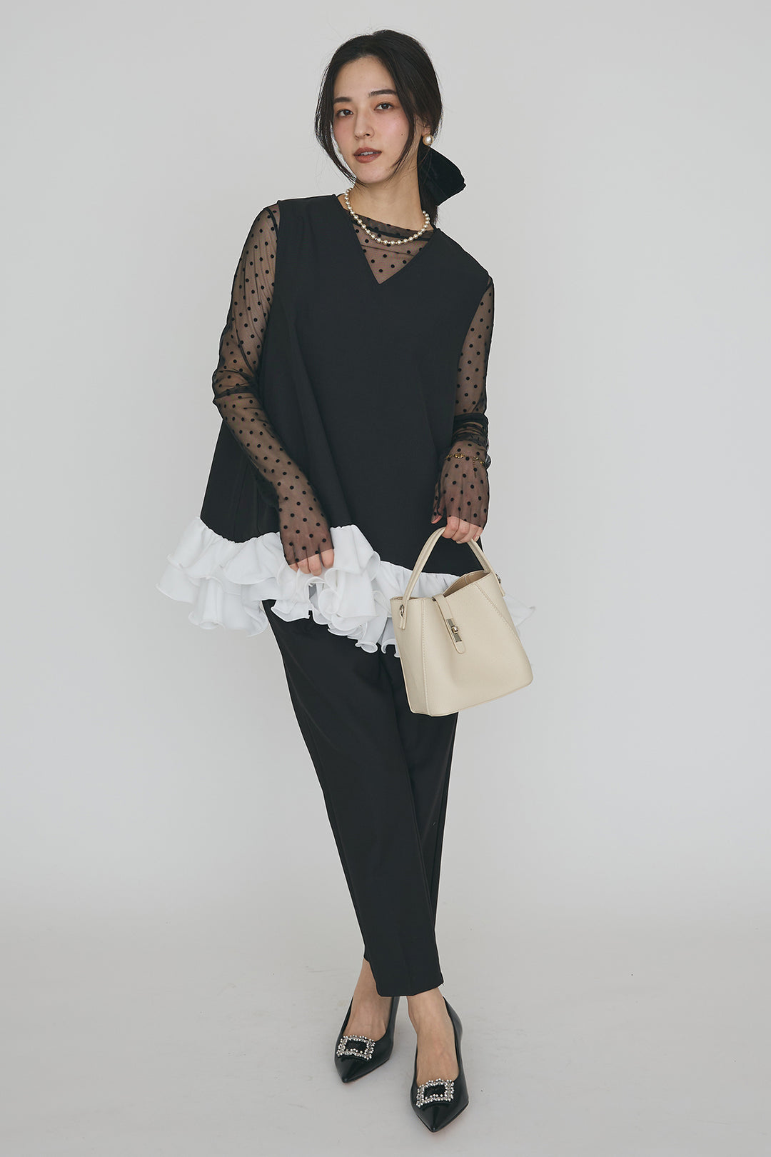 [予約/SET]シアードットフロッキートップス+異素材フリルヘムVネックチュニック+タックテーパードパンツ(3set)