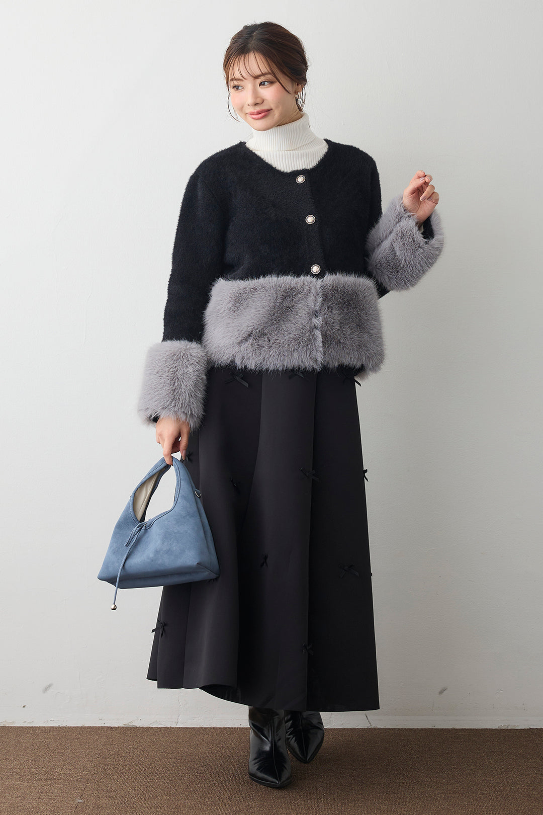 [予約/SET]配色ファードッキングコート+マルチパターンボンディングフレアスカート(2set)