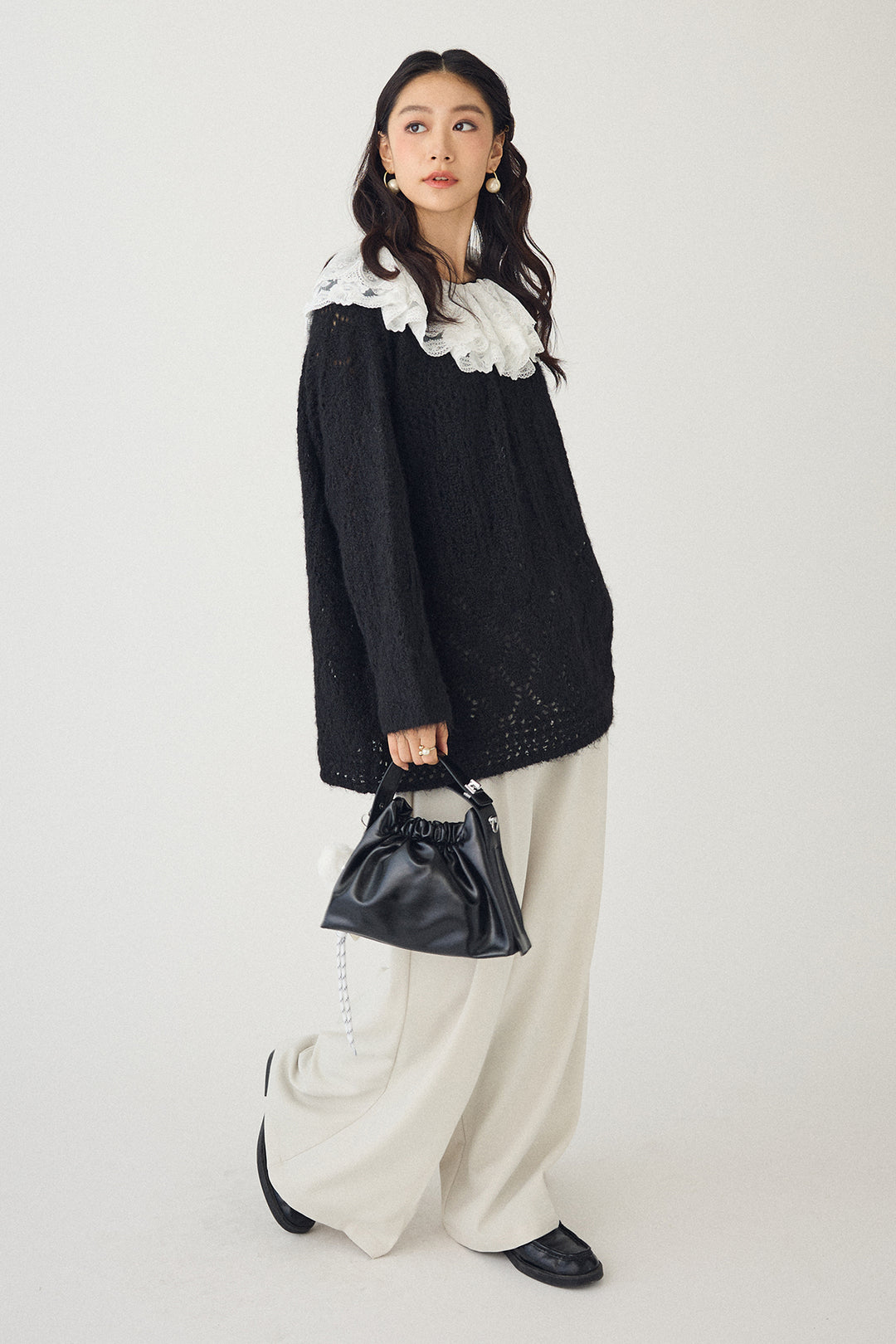 [予約/SET]ダブルレースカラードッキングニット+とろみタックハイウエストタックワイドパンツ(2set)