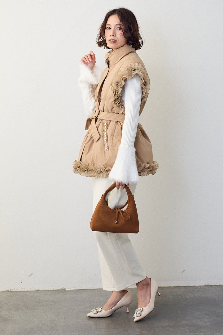 [予約/SET]フェザー切替スリーブフレアニット+フリルチュールスリーブ美ラインベスト+ウォームセンタープレス美ラインテーパードパンツ(3set)