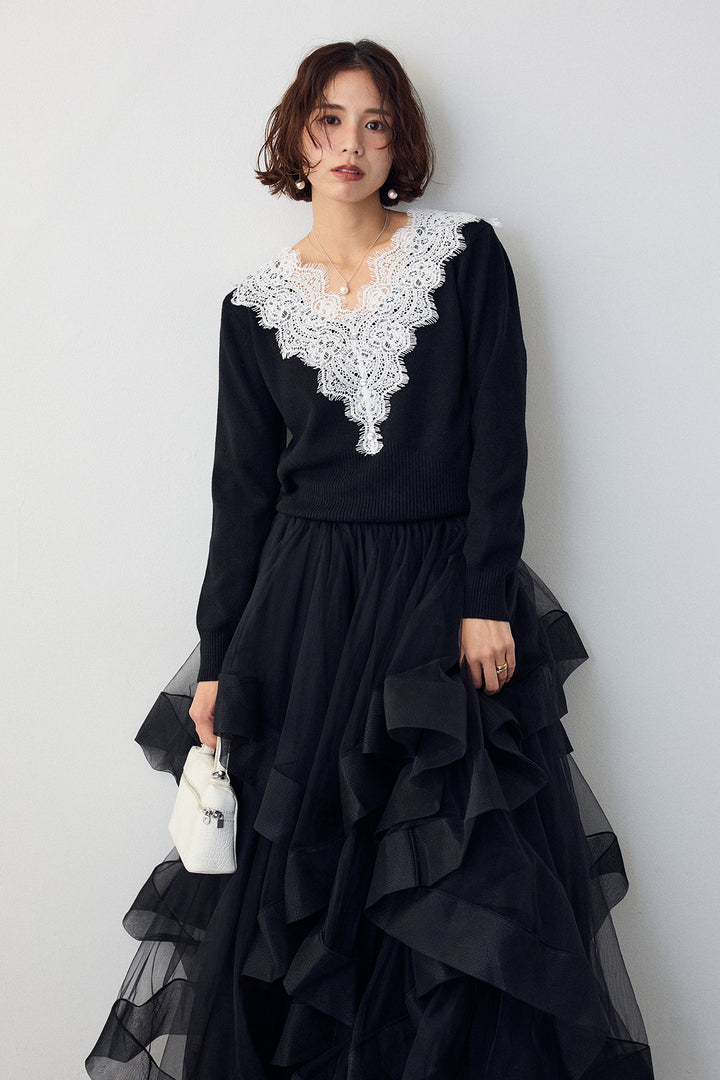 [予約]Vレースデザインニットプルオーバー