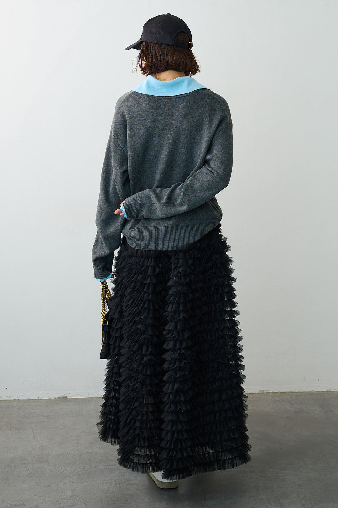 [予約/SET]配色襟レイヤード風ニット+ホイップチュールティアードスカート(2set)