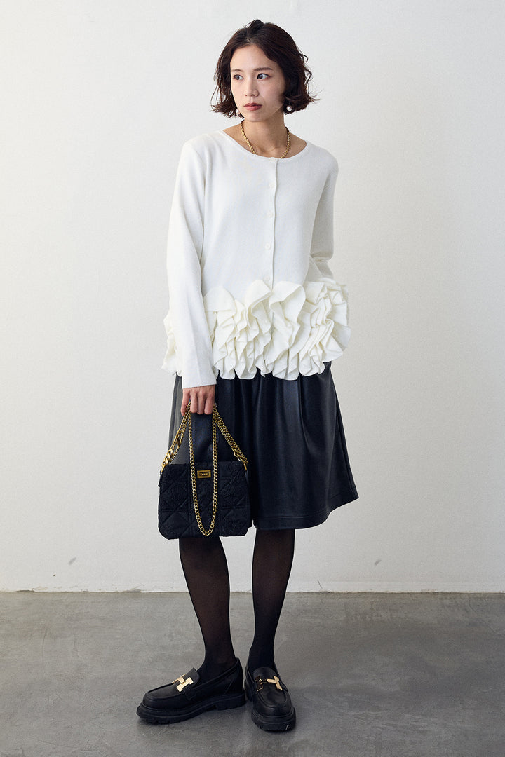 [予約/SET]フリルホイップニットカーディガン+レザーライクハーフパンツ(2set)