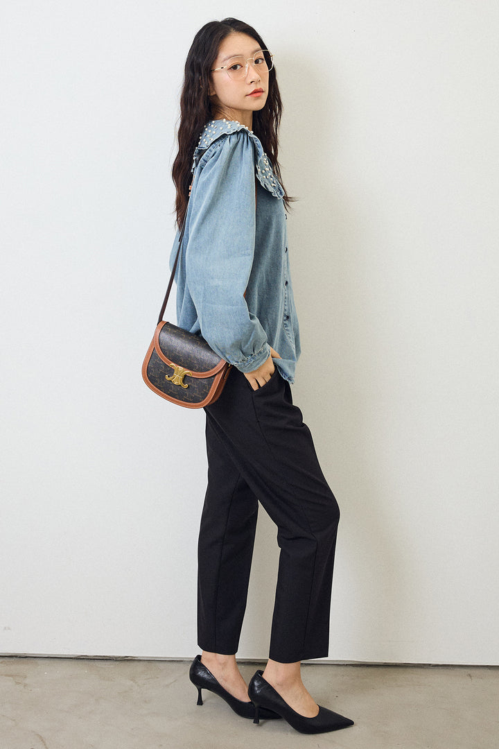 [予約/SET]パールBIGカラーデニムシャツ+タックテーパードパンツ(2set)