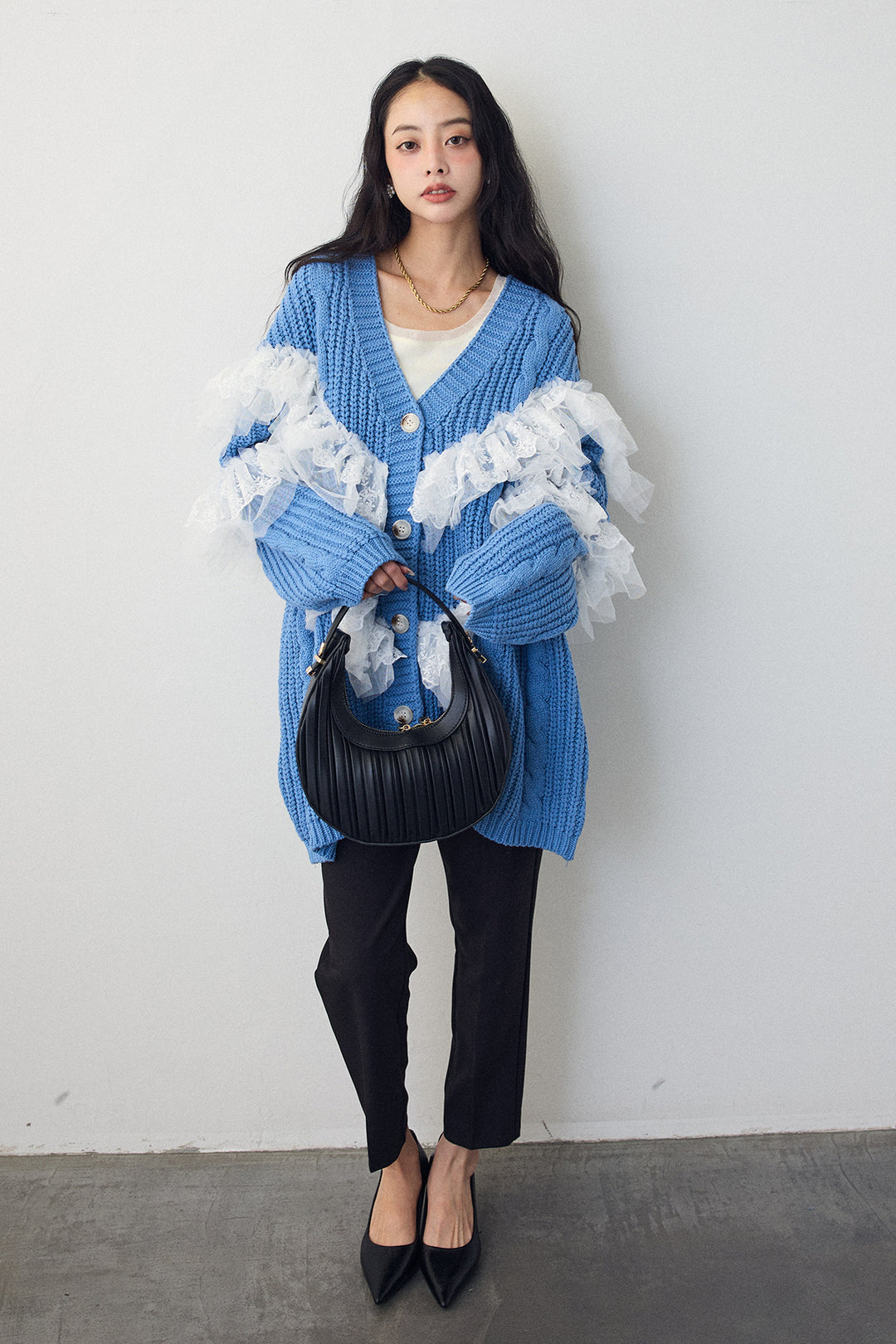 [予約/SET]ラッフルレースドッキングニットBIGカーデ+タックテーパードパンツ(2set)