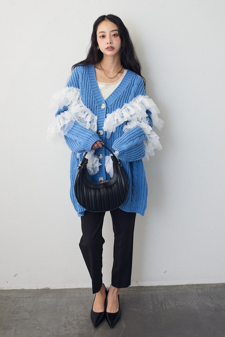 [予約/SET]ラッフルレースドッキングニットBIGカーデ+タックテーパードパンツ(2set)