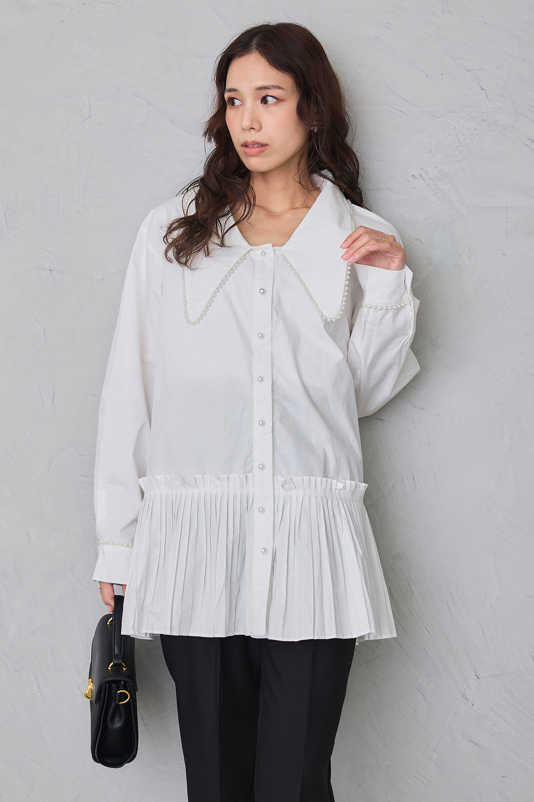 [予約/SET]パールライン襟×プリーツシャツ+タックテーパードパンツ(2set)