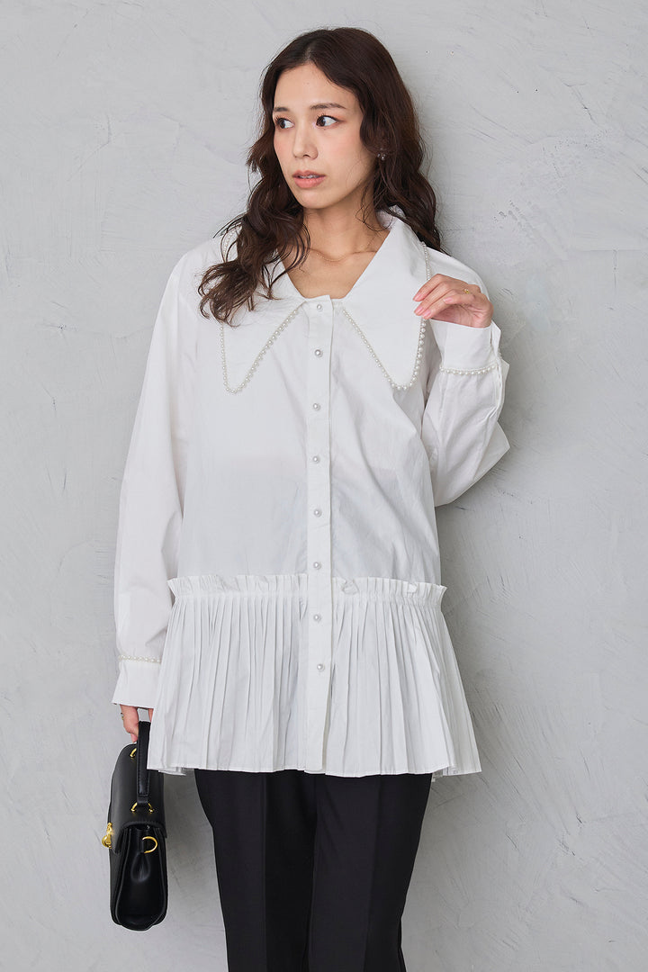 [予約/SET]パールライン襟×プリーツシャツ+タックテーパードパンツ(2set)