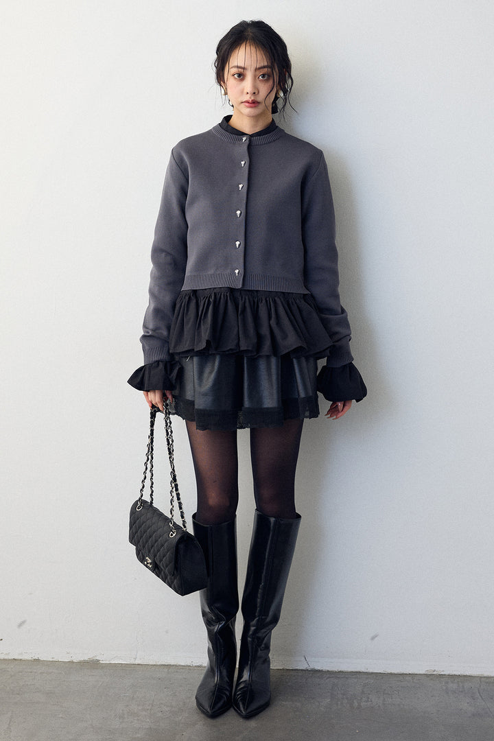 [予約/SET]フリルヘムスリーブブラウス+メタルボタンベーシックカーデ+レザーライクフレアショートパンツ(3set)