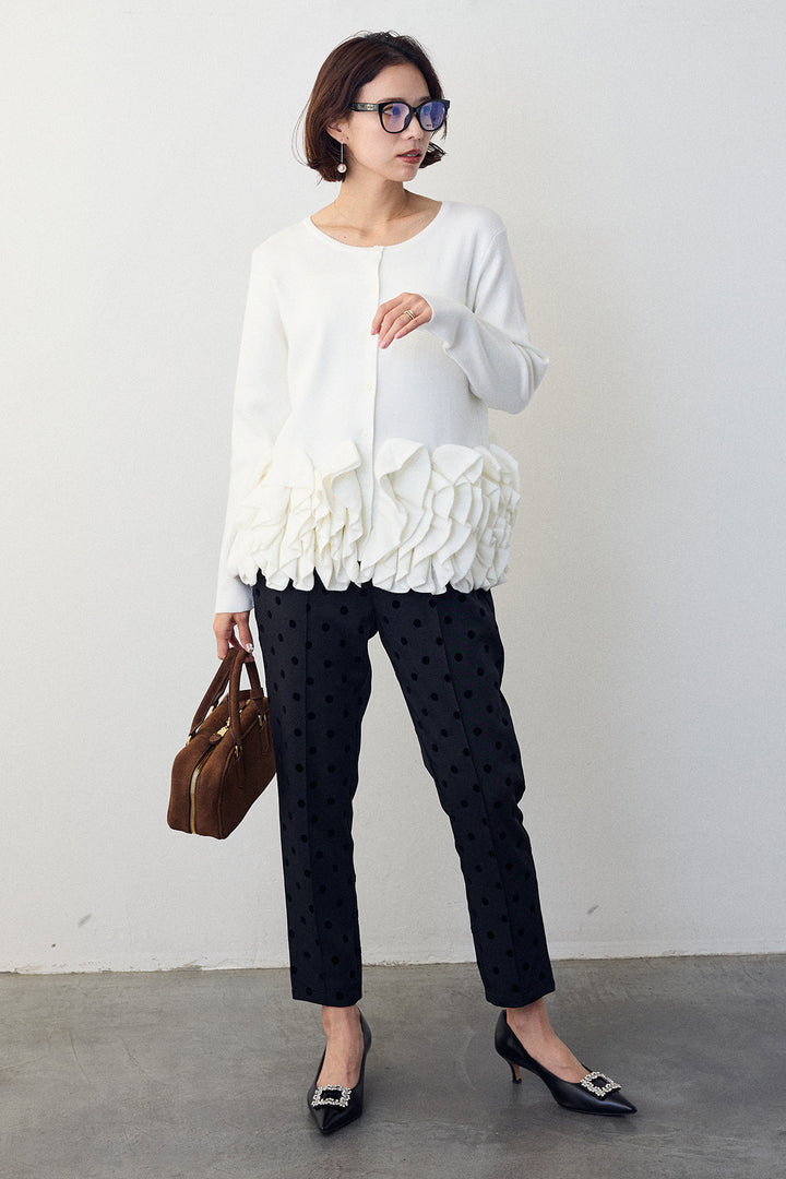 [予約/SET]フリルホイップニットカーディガン+ドット柄センターラインテーパードパンツ(2set)
