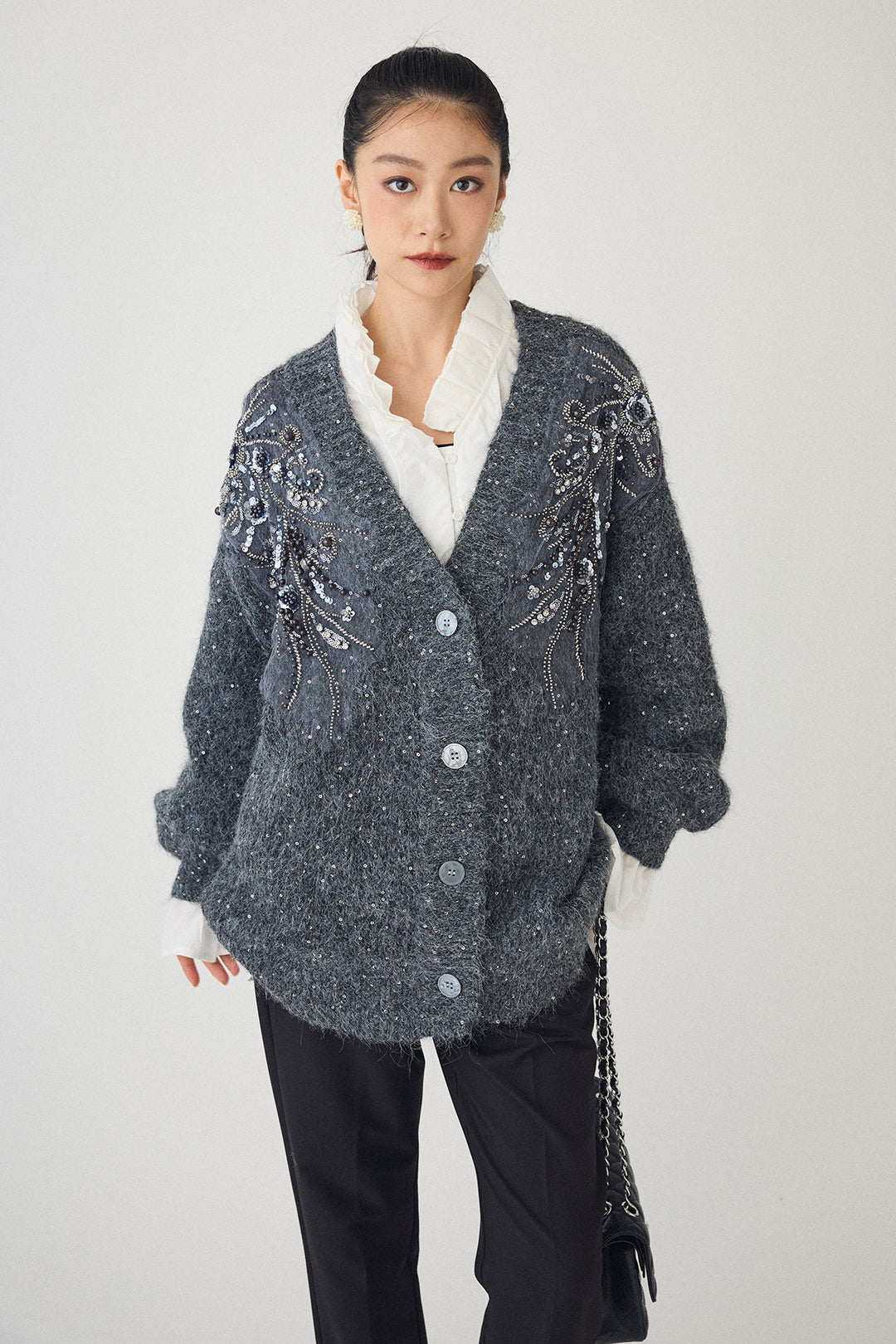 [予約/SET]ビーズフラワースパンコールシャイニーニットカーデ+タックテーパードパンツ(2set)