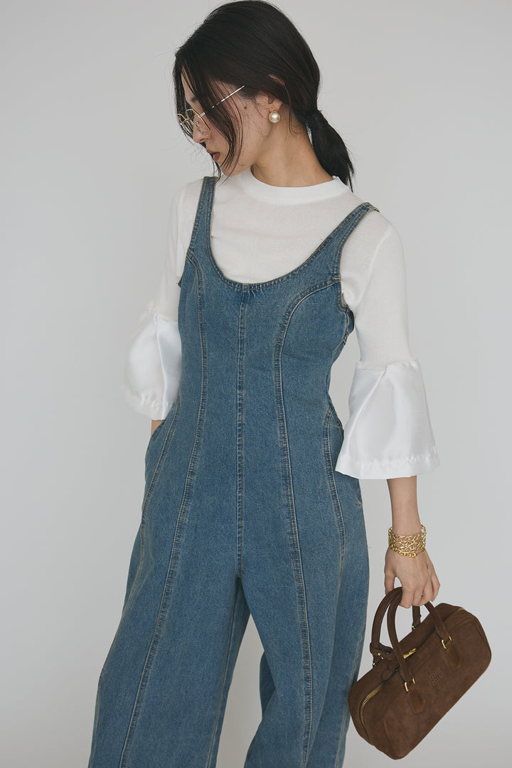 [予約/SET]タックフレア異素材ドッキングニットPO+美ラインデニムサロペット(2set)