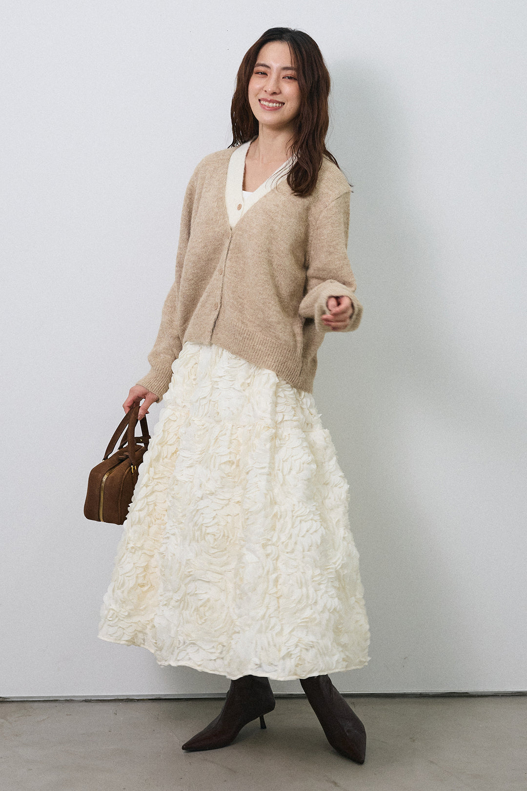 [予約/SET]配色レイヤードニットカーデ+ローズフラワー立体フレアスカート(2set)
