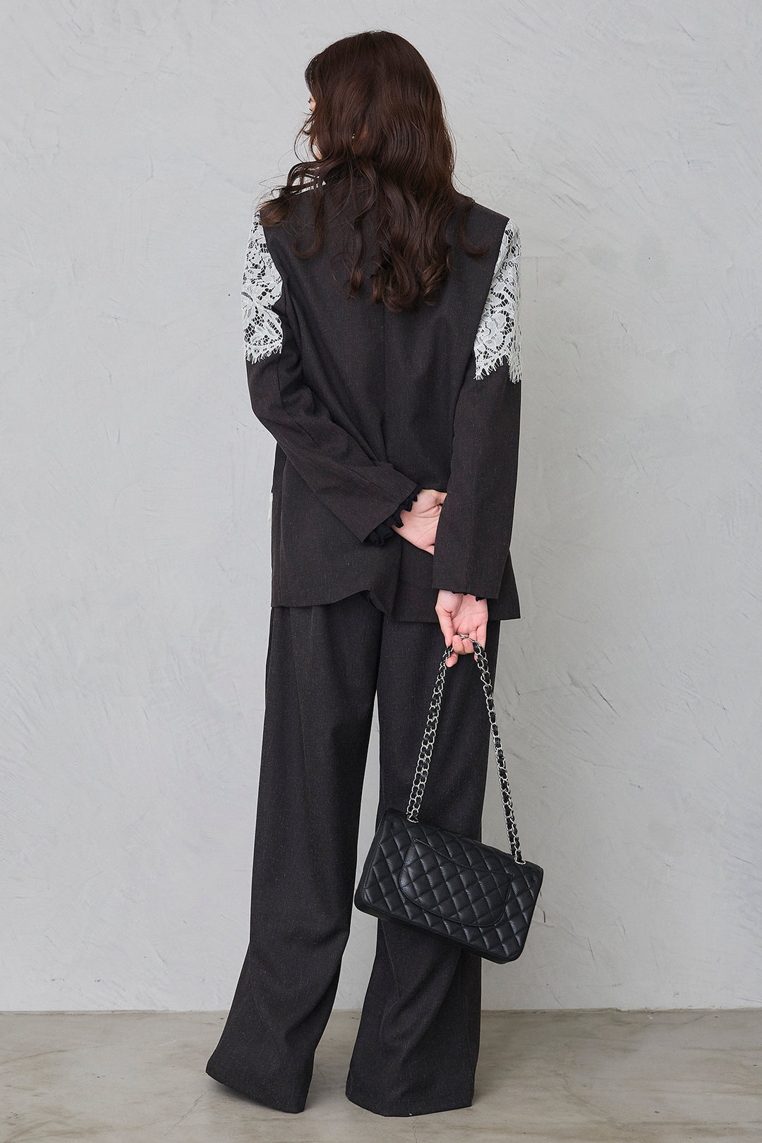[予約/SET]ショルダーレースデザインジャケット+ライトツイードタックパンツ(2set)