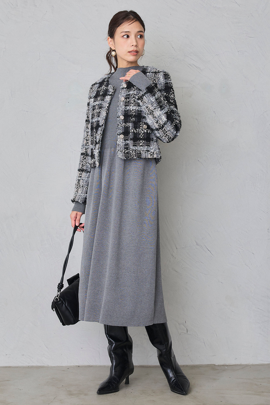 [予約/SET]ツイードチェッククロップドジャケット+リブセミフレアニットワンピース(2set)