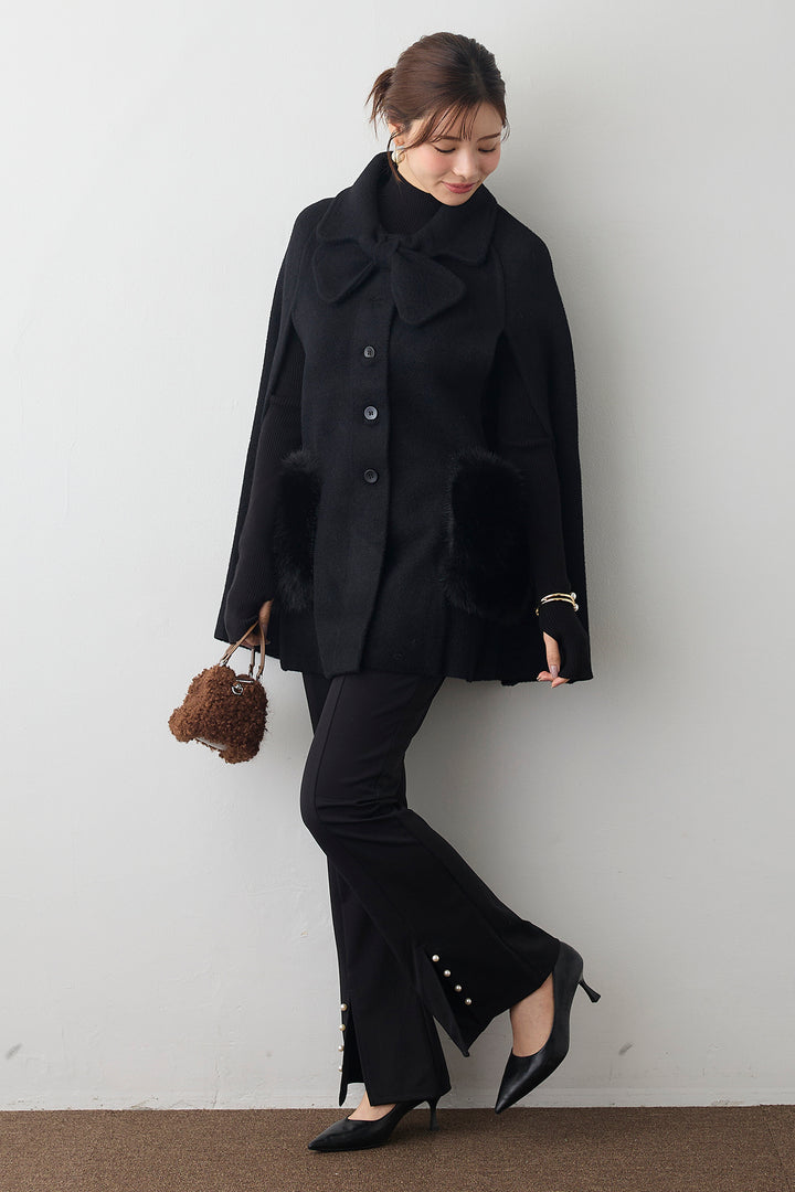 [予約/SET]ベーシックフィンガーホールリブニット+ウールタッチファーポケットポンチョコート+センタースリットパールパンツ(3set)