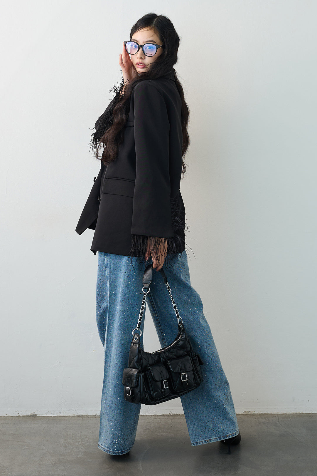 [予約/SET]エアリーファザーレディライクジャケット+ラインストーンストレートデニム(2set)