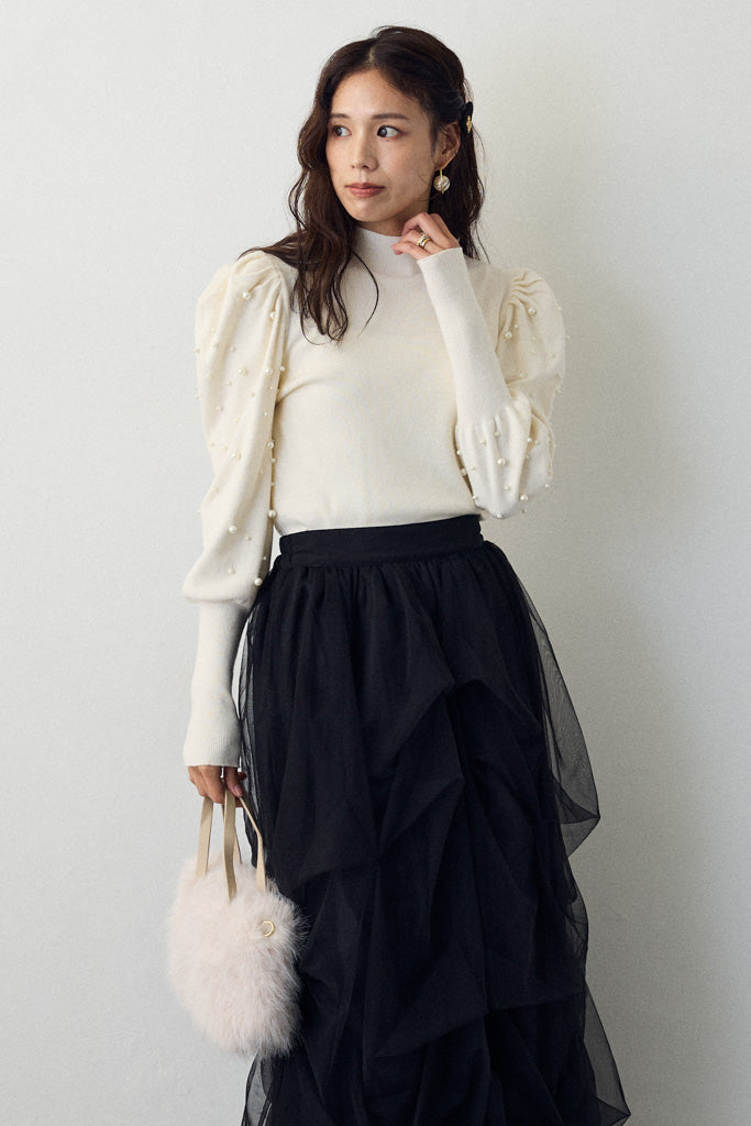 [予約]パフスリーブランダムパールニット