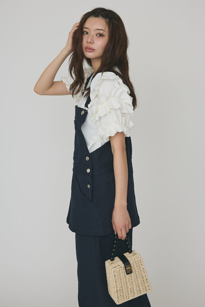 [予約/SET]フリルスリーブプルオーバーブラウス+エプロンデニムサロペ(2set)