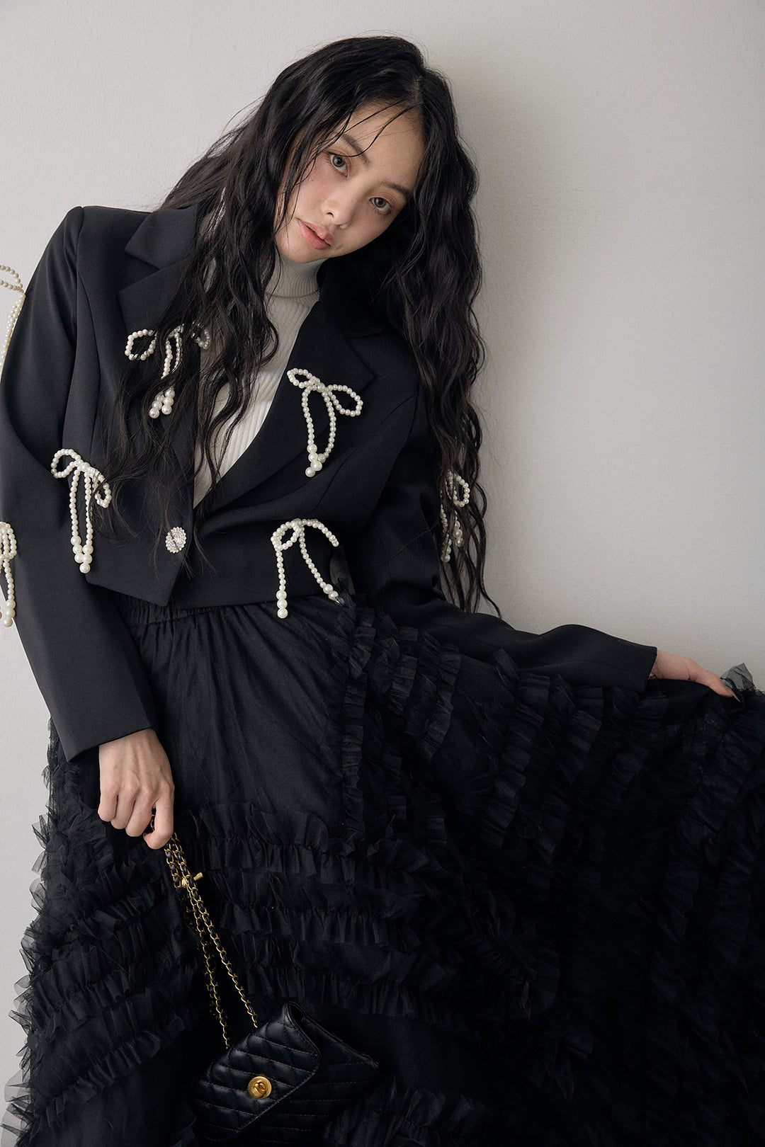 [予約/SET]ベーシックリブタートルニット+パールリボンクロップドジャケット+スフレアシメチュールスカート(3set)