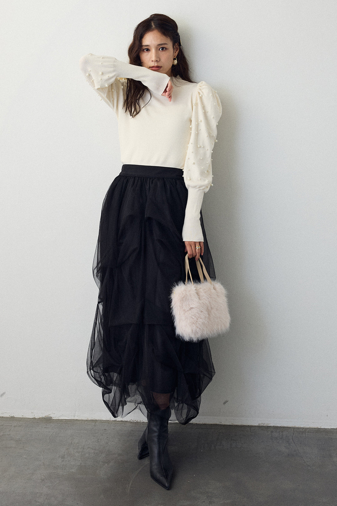 [予約/SET]パフスリーブランダムパールニット+マルチパターンタックチュールスカート(2set)