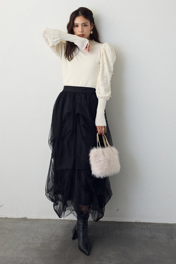 [予約/SET]パフスリーブランダムパールニット+マルチパターンタックチュールスカート(2set)