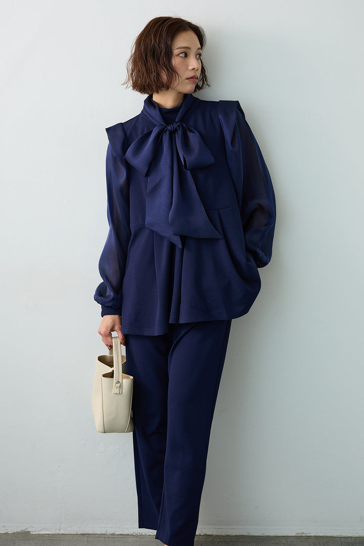 [予約]シアーリボン異素材ドッキングペプラムブラウス