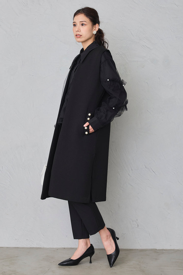 [予約/SET]チュールレイヤードパールシャツ+ポケットパール付きボンディングロングベスト+タックテーパードパンツ(3set)