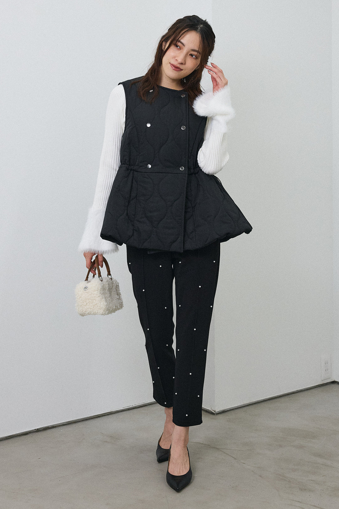 [予約/SET]フェザー切替スリーブフレアニット+キルティングフレアシルエットベスト(2set)