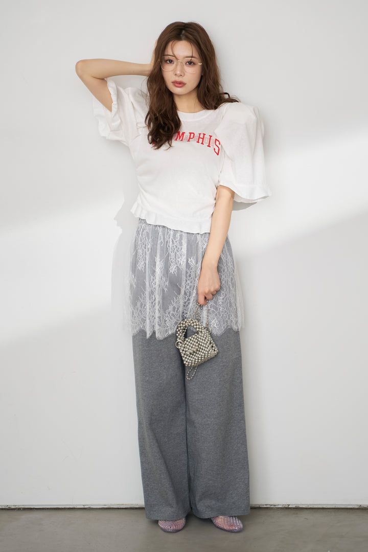 [予約/SET]ロゴパフスリーブデザインTシャツ+繊細レースレイヤードパンツ(2set)