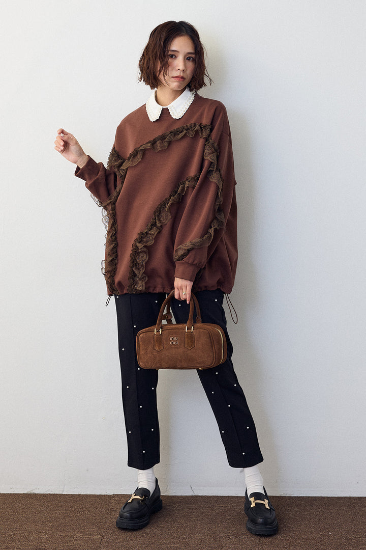 [予約/SET]2連パール付け襟+レースフリルランダムラインスウェット+センターシームランダムパールパンツ(3set)