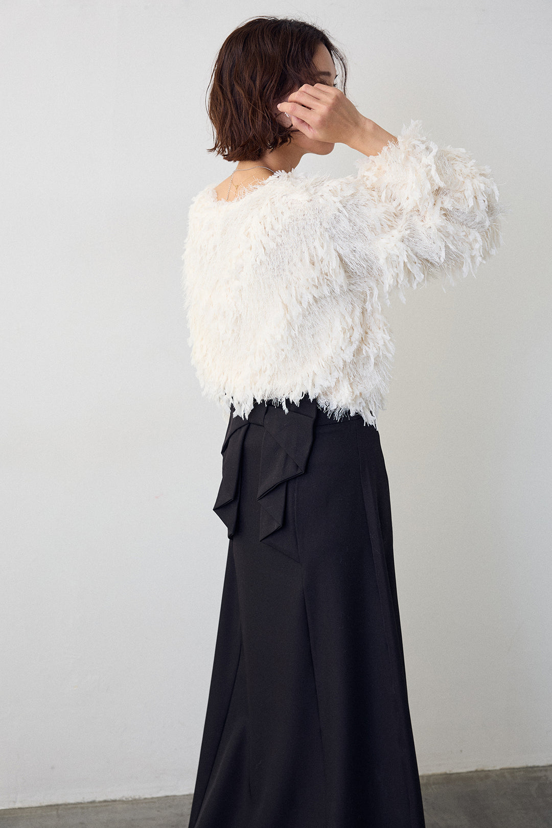 [予約/SET]フリンジラメシャギーニットプルオーバー+バックリボンセミフレアスカート(2set)