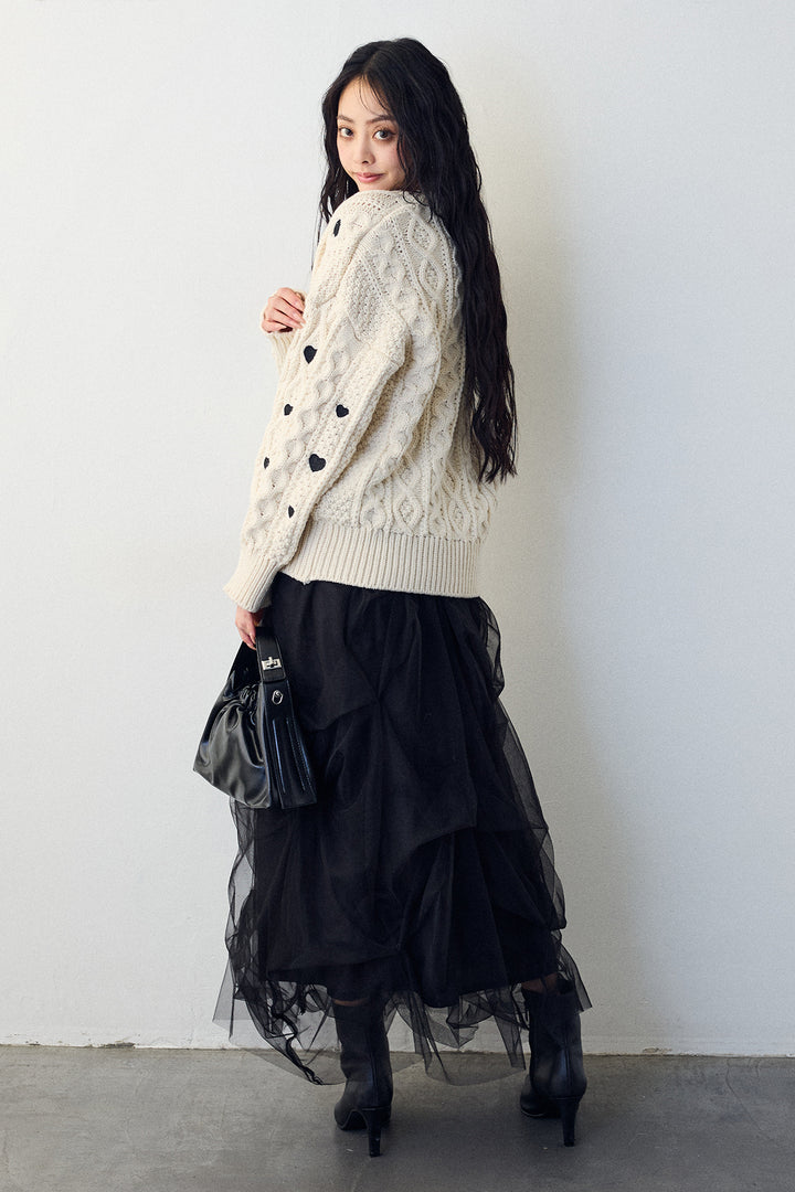 [予約/SET]ハート刺繍ケーブルデザインニット+マルチパターンタックチュールスカート(2set)